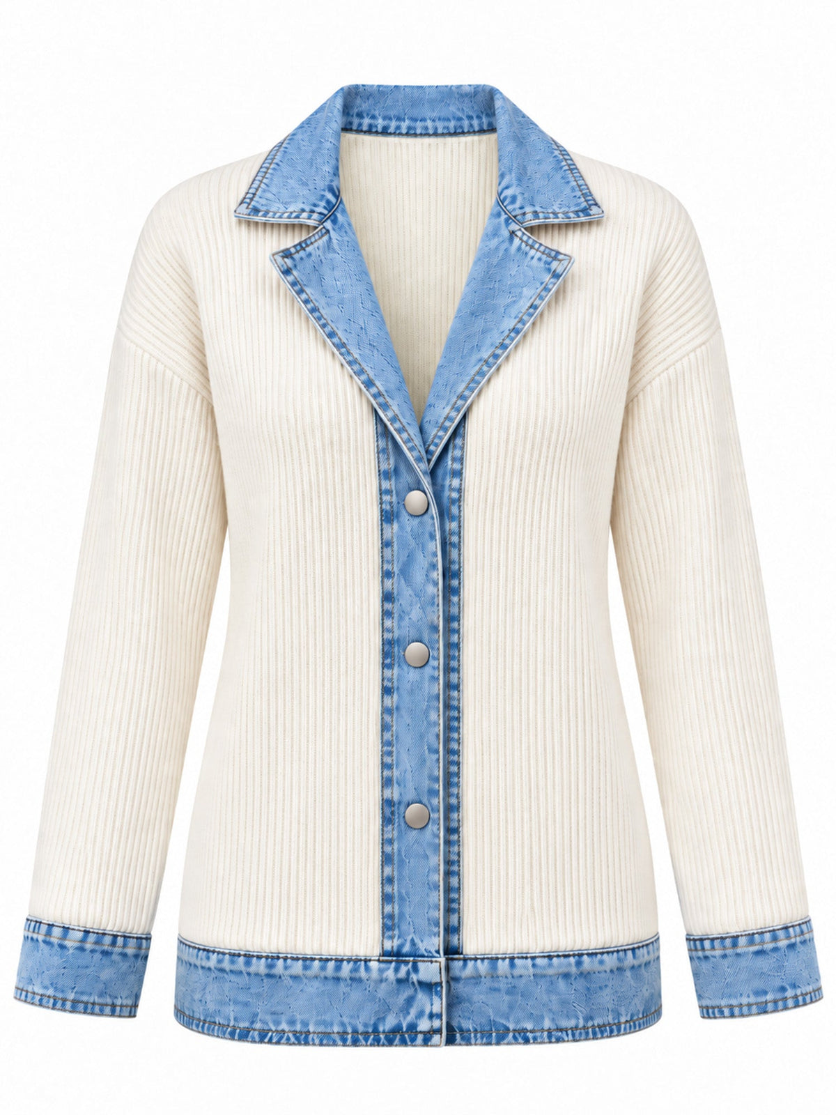 Manteau en maille côtelée élégant pour femme avec empiècements en jean