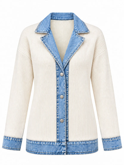 Manteau en maille côtelée élégant pour femme avec empiècements en jean