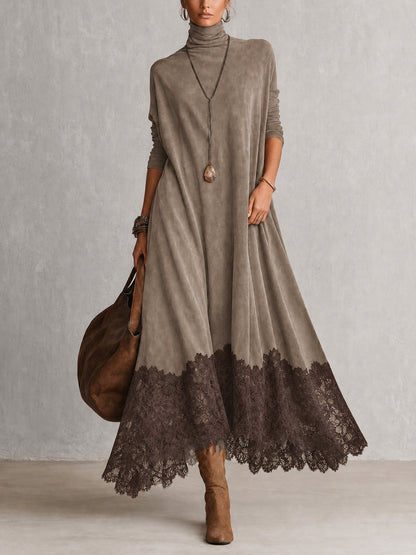 Vestido Comprido Efeito Camurça com Bainha de Renda