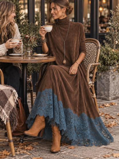 Vestido Comprido Efeito Camurça com Bainha de Renda