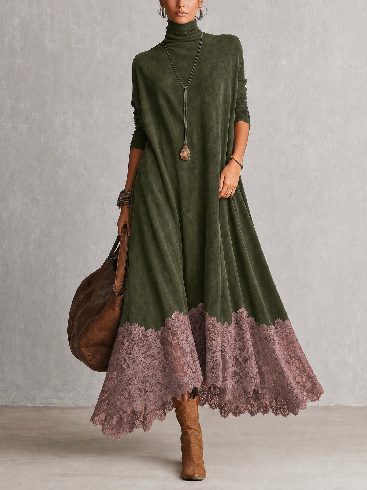 Vestido Comprido Efeito Camurça com Bainha de Renda