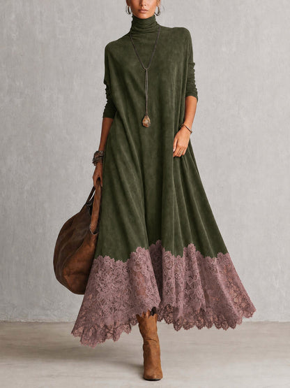 Vestido Comprido Efeito Camurça com Bainha de Renda