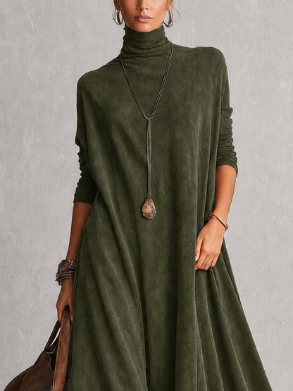 Vestido Comprido Efeito Camurça com Bainha de Renda