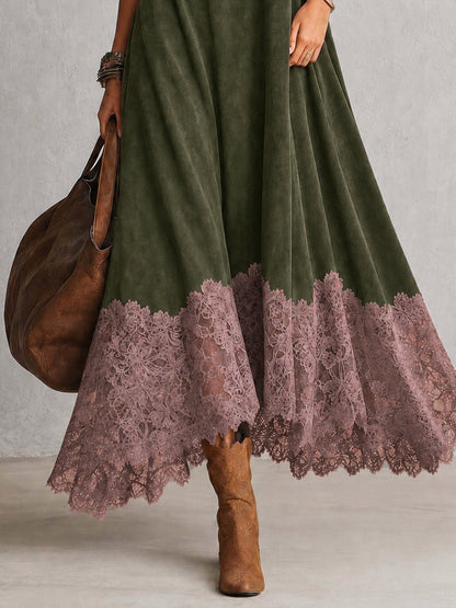 Vestido Comprido Efeito Camurça com Bainha de Renda