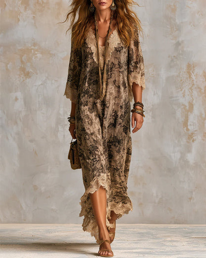 Robe Col En V Dentelle Patchwork Asymétrique