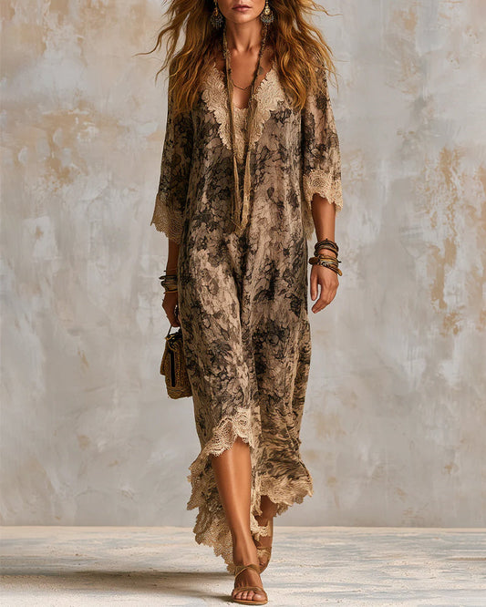 Robe Col En V Dentelle Patchwork Asymétrique
