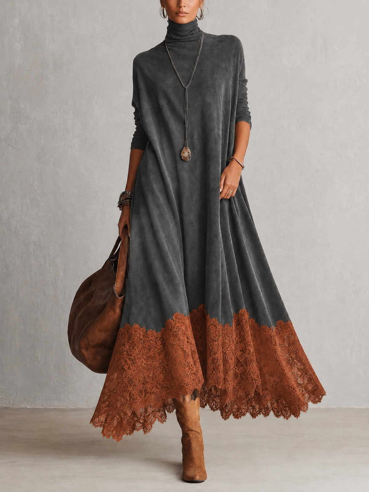 Vestido Comprido Efeito Camurça com Bainha de Renda
