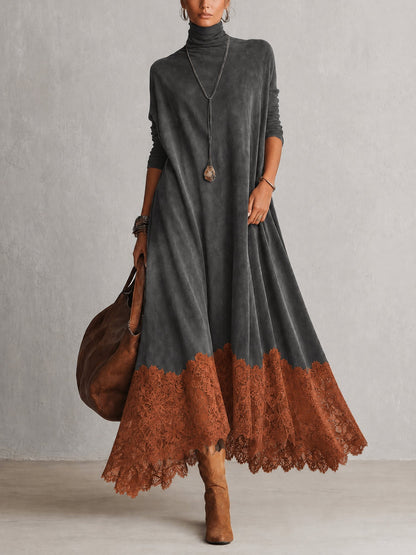 Vestido Comprido Efeito Camurça com Bainha de Renda