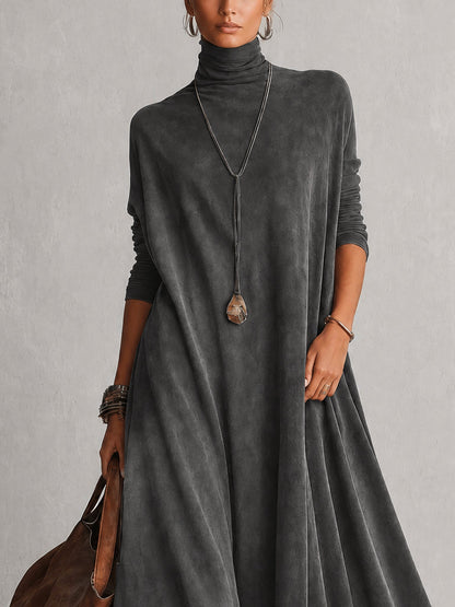 Vestido Comprido Efeito Camurça com Bainha de Renda