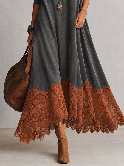 Vestido Comprido Efeito Camurça com Bainha de Renda