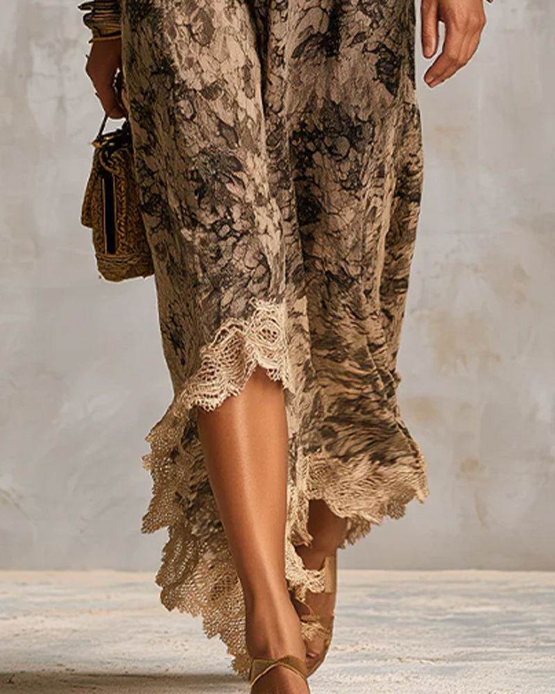 Robe Col En V Dentelle Patchwork Asymétrique