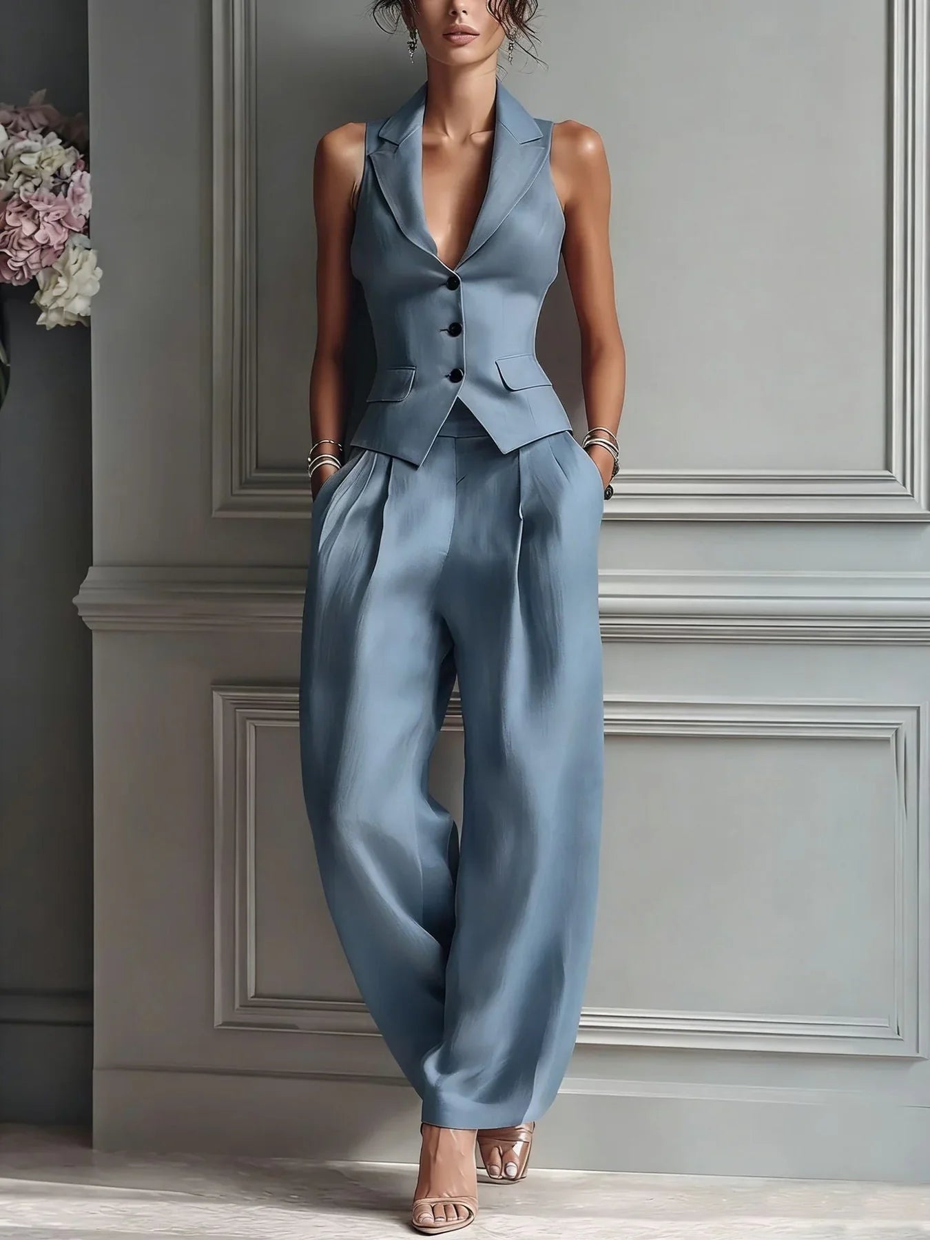Ensemble deux pièces boutonné à motif d'étoiles et col en V
