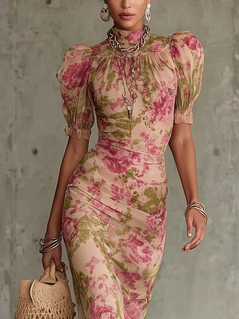 Robe longue Eugenia à motif floral vintage rose