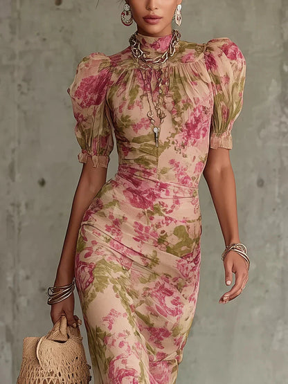 Robe longue Eugenia à motif floral vintage rose