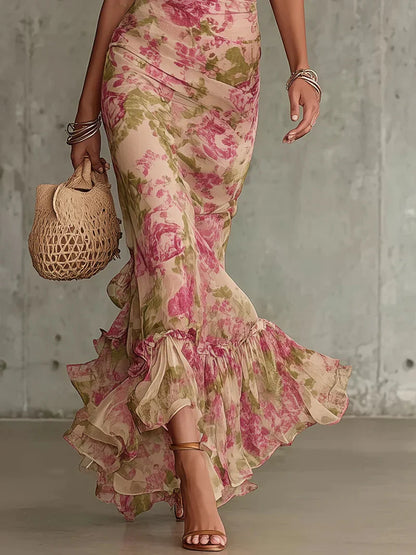 Robe longue Eugenia à motif floral vintage rose