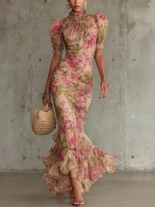 Robe longue Eugenia à motif floral vintage rose