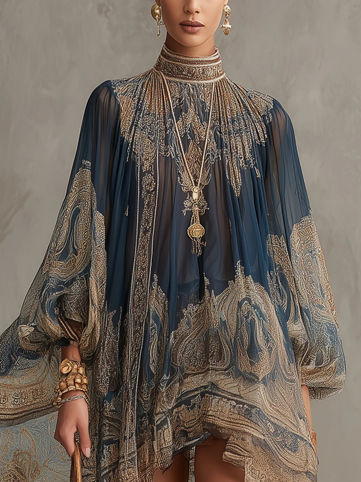 Bérénice | Robe Mini Asymétrique en Mousseline Imprimé Baroque Bleu Marine et Col Montant