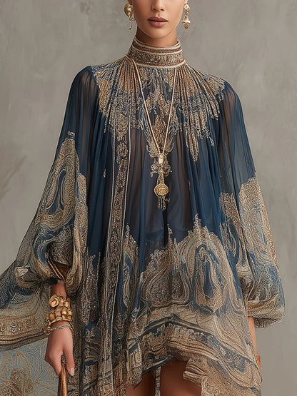 Bérénice | Robe Mini Asymétrique en Mousseline Imprimé Baroque Bleu Marine et Col Montant