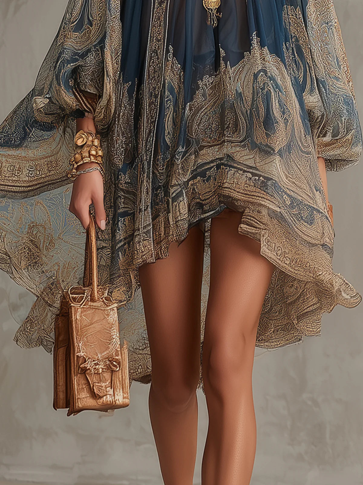 Bérénice | Robe Mini Asymétrique en Mousseline Imprimé Baroque Bleu Marine et Col Montant