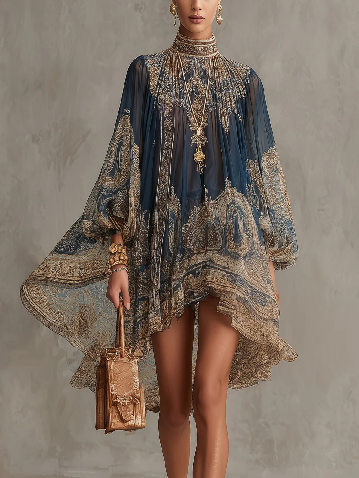 Bérénice | Robe Mini Asymétrique en Mousseline Imprimé Baroque Bleu Marine et Col Montant