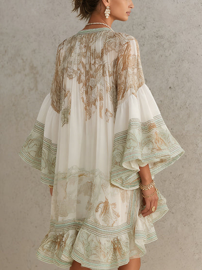 Rosalie | Robe mini en mousseline avec manches volantées et ourlet à rayures vertes