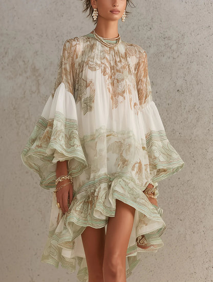 Rosalie | Robe mini en mousseline avec manches volantées et ourlet à rayures vertes