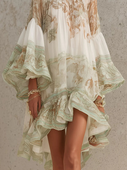Rosalie | Robe mini en mousseline avec manches volantées et ourlet à rayures vertes