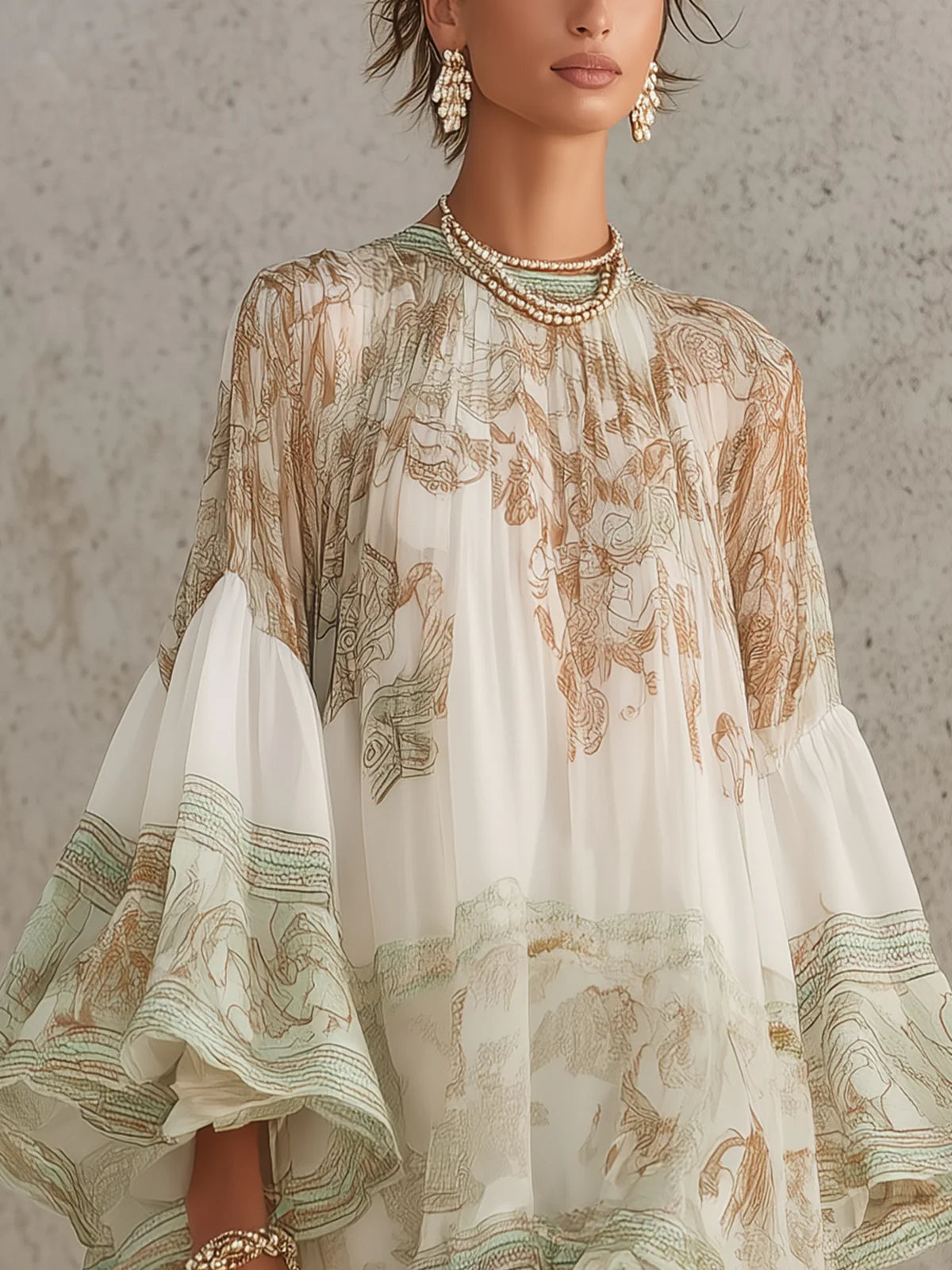 Rosalie | Robe mini en mousseline avec manches volantées et ourlet à rayures vertes