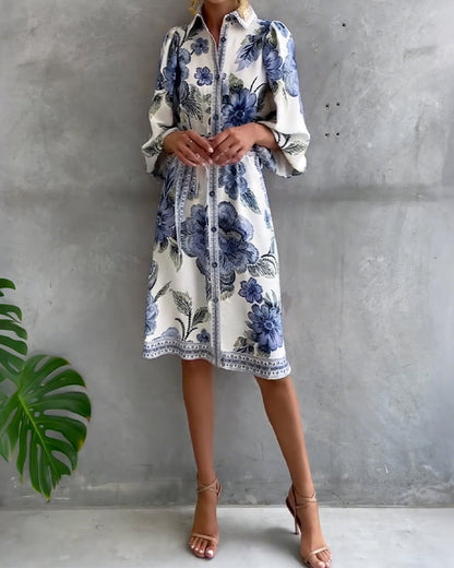 Robe Manche Lanterne Col Cranté Imprimé