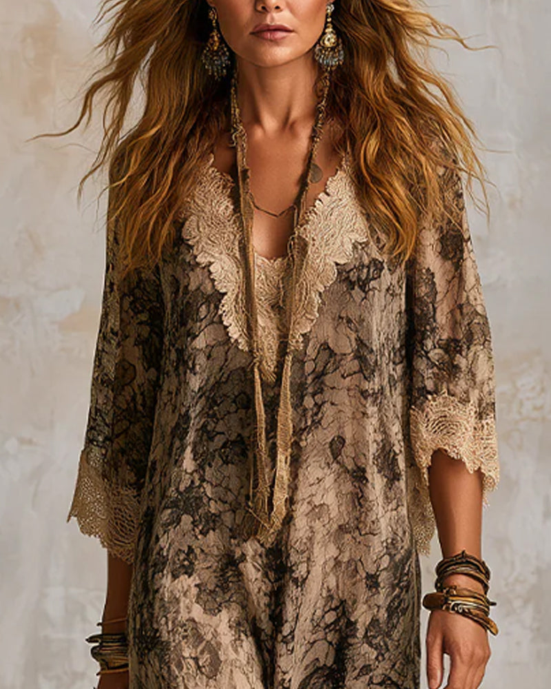 Robe Col En V Dentelle Patchwork Asymétrique