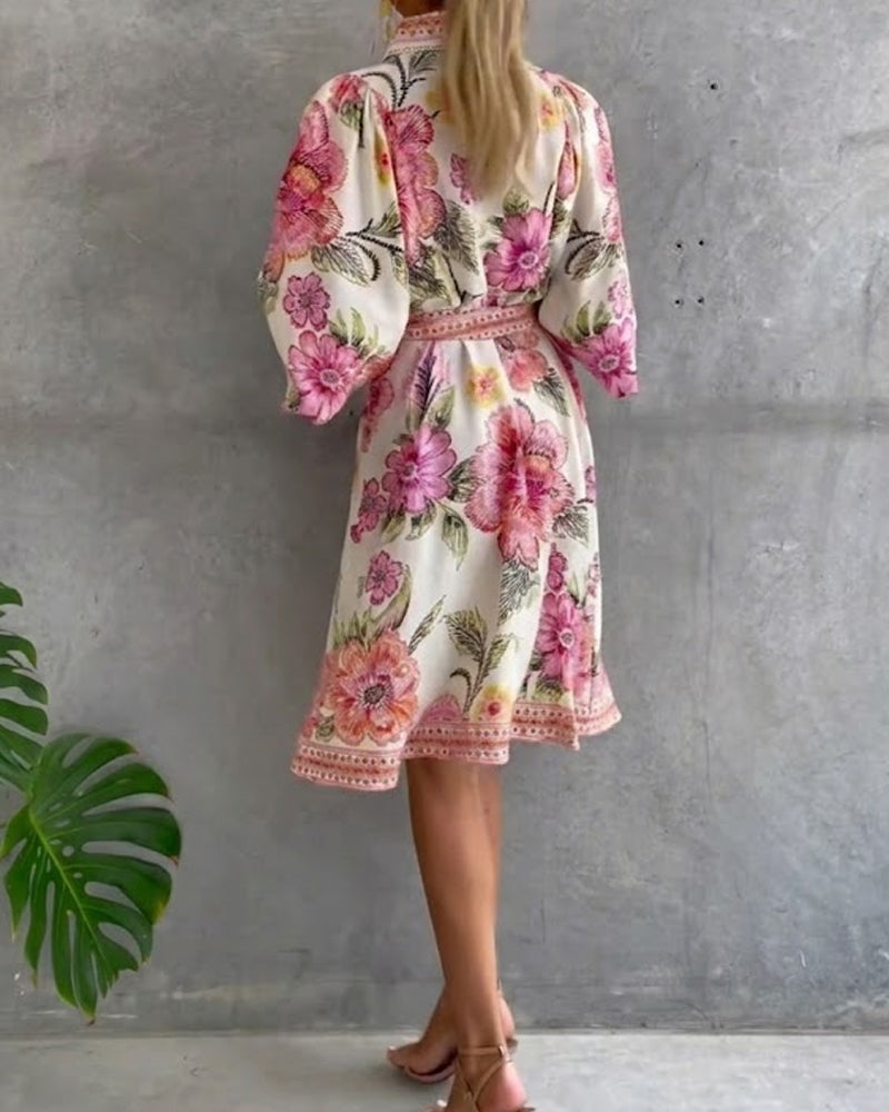 Robe Manche Lanterne Col Cranté Imprimé