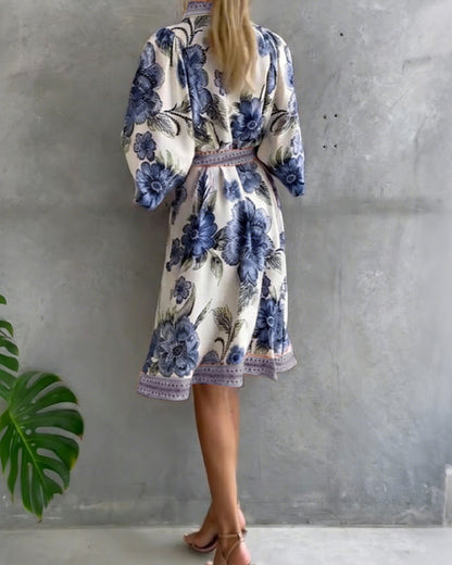 Robe Manche Lanterne Col Cranté Imprimé