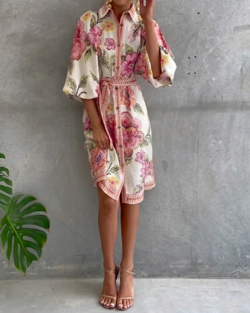 Robe Manche Lanterne Col Cranté Imprimé