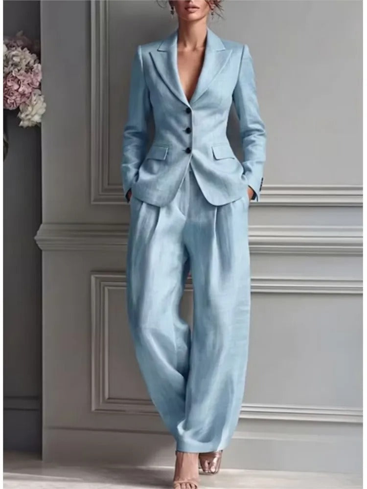 Victoria Conjunto de Traje Elegante con Blazer Entallada y Pantalón Ancho