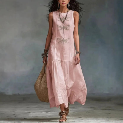 Daniela Vestido Midi Bohemio con Estampado de Libélulas