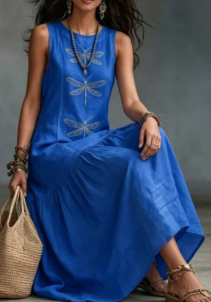 Daniela Vestido Midi Bohemio con Estampado de Libélulas